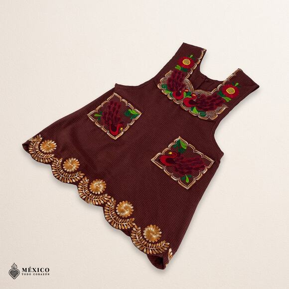 Red-Brown Mexican Embroidered Apron – Standard Kitchen Apron Floral Embroidery - Picture 6 of 8